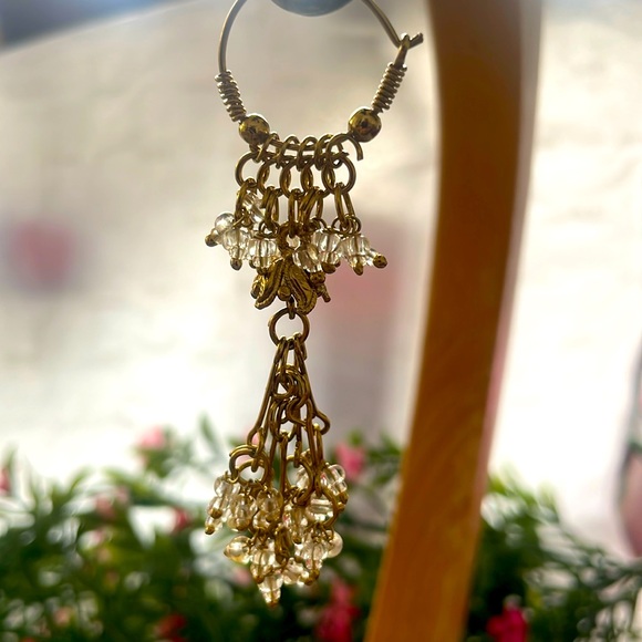 Dangle Earrings - Boho Vintage Gold Toned w/Clear Beads - 3" - Picture 7 of 15